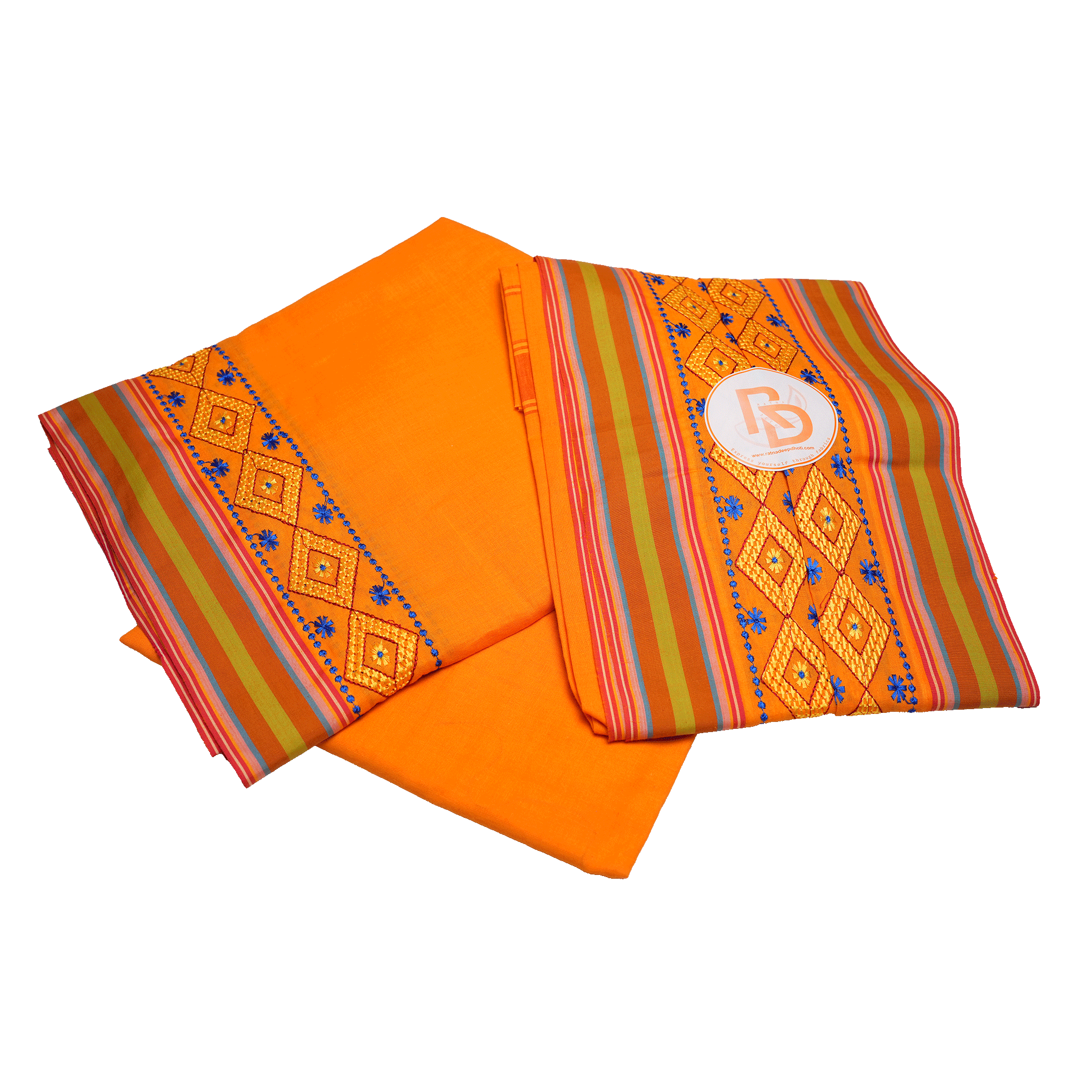 diamond embroidery border orange cotton dhoti set