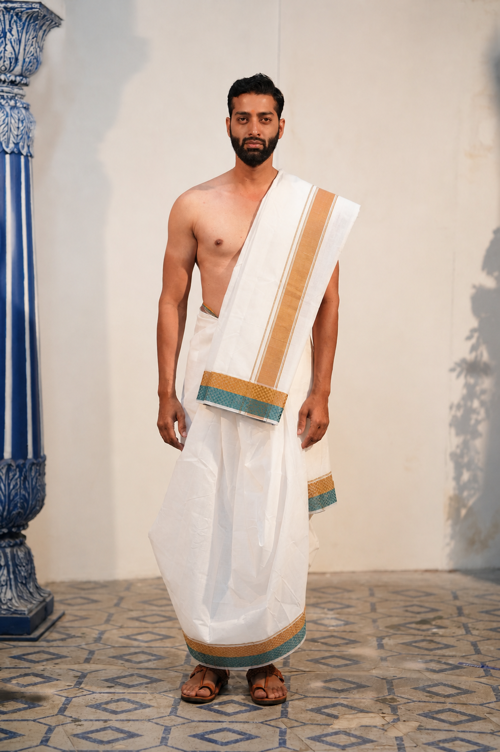 Man wearing a dual tone checkered border white cotton dhoti with khes