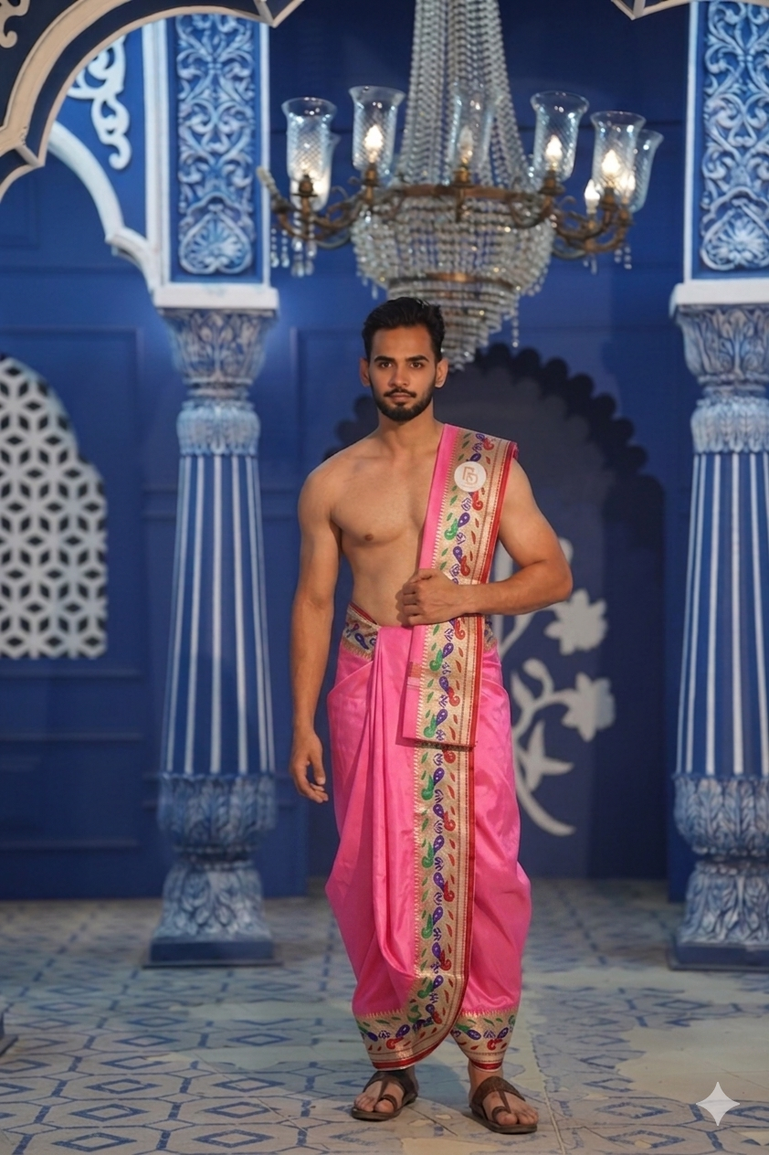 Man wearing a elegant peacock and paisley border pink artificial silk dhoti with khes
