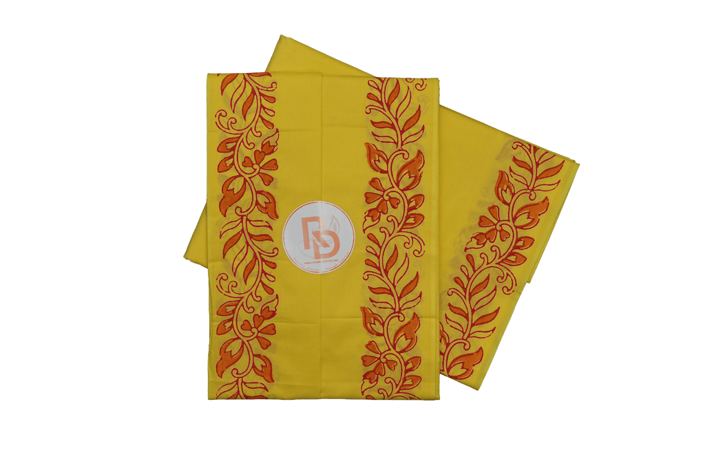 elegant red floral vine border yellow block print cotton dhoti set
