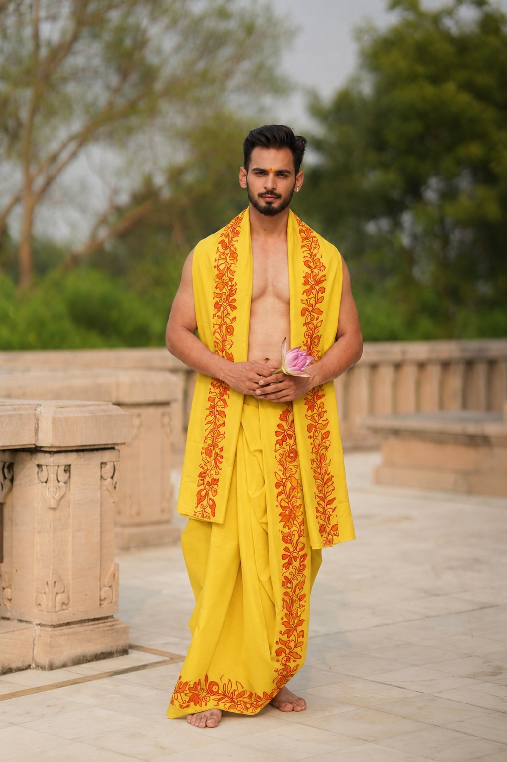 Man wearing a elegant red floral vine border yellow printed cotton dhoti with khes