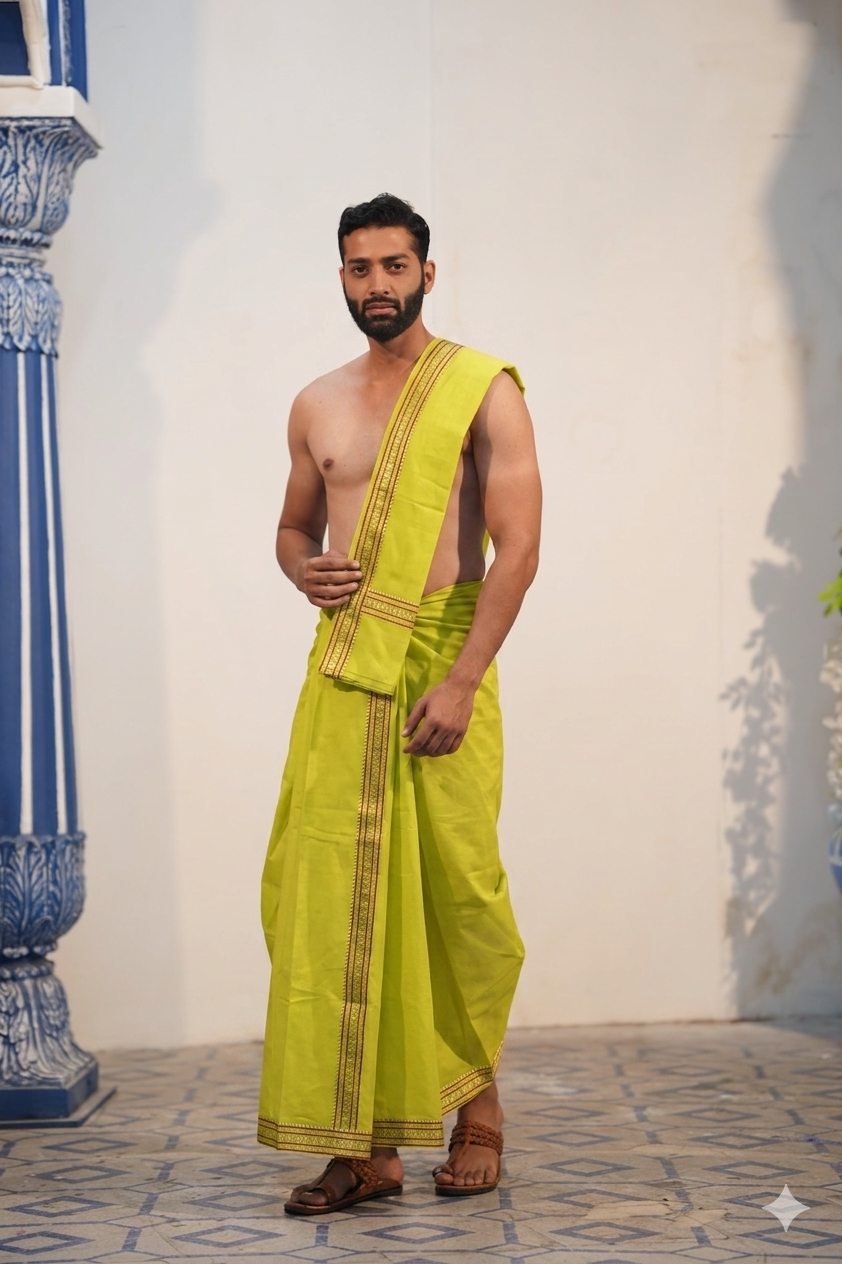 Man wearing a elegant silk rudraksh border yellow dhoti with khes