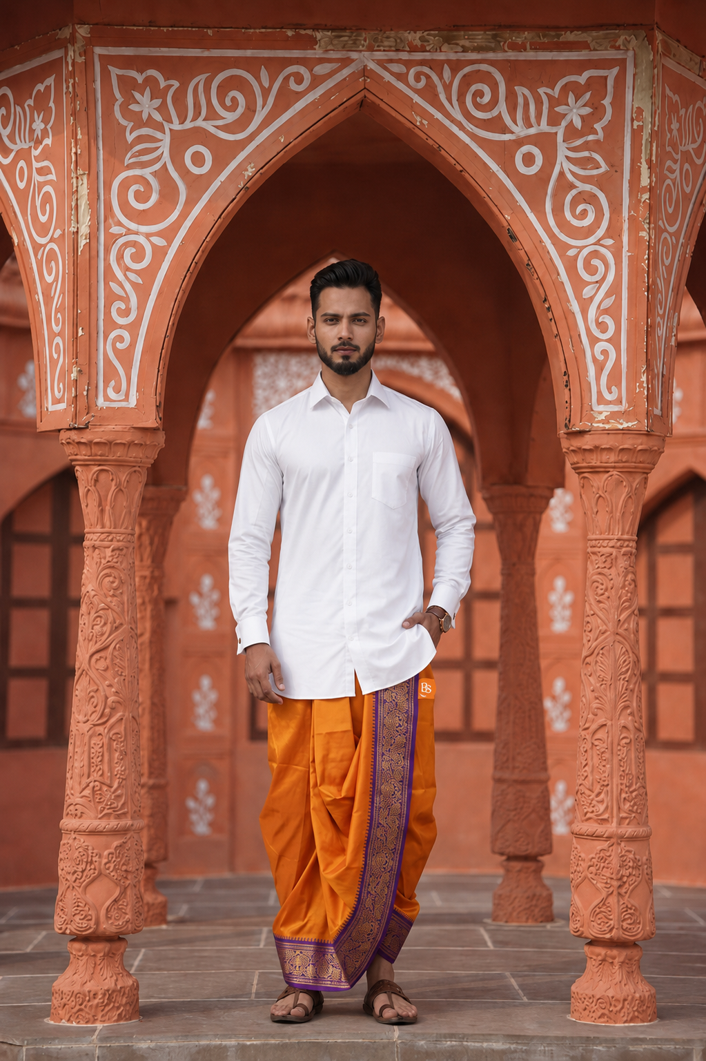 Man wearing a elephant design border orange dhoti and shirt combo