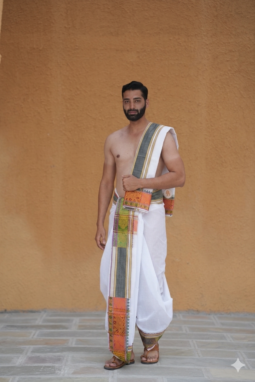 Man wearing a elephant design zari bordered white cotton dhoti with angavastram