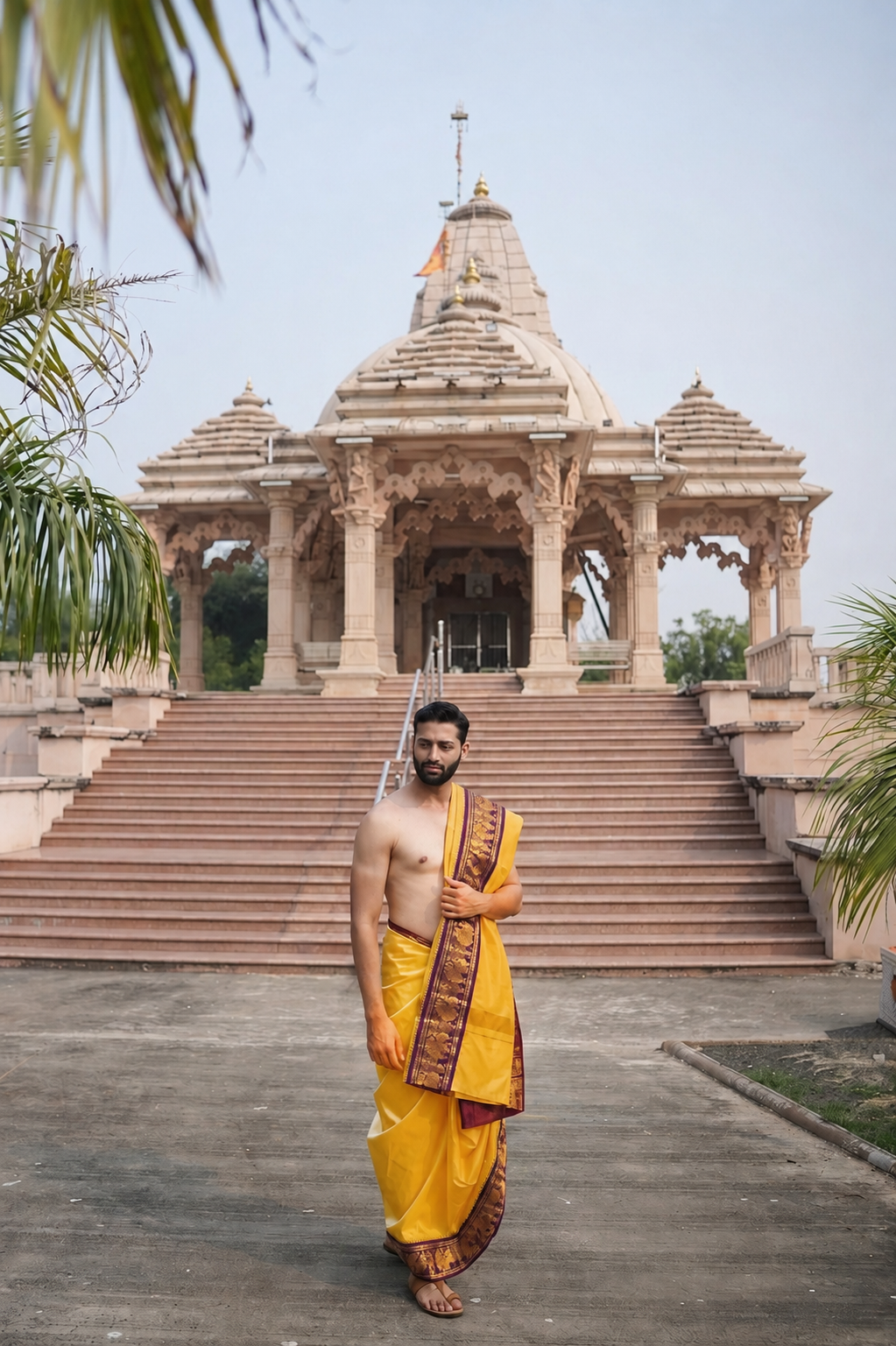 Man wearing a elephant zari border premium yellow pure silk dhoti with uparana
