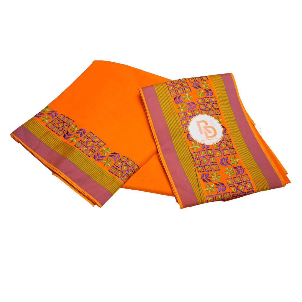 embroidery geomatric & floral border orange cotton dhoti set