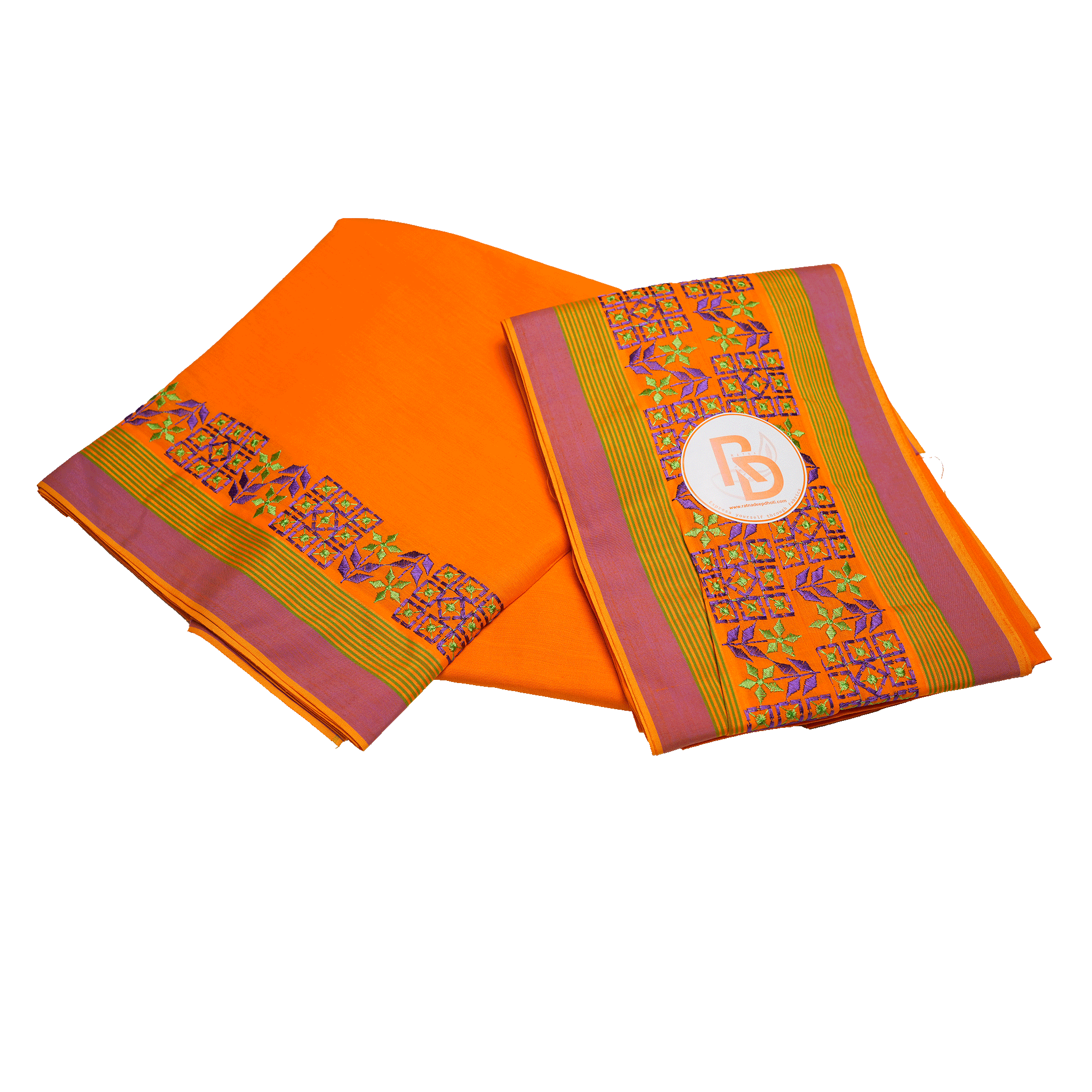 embroidery geomatric & floral border orange cotton dhoti set