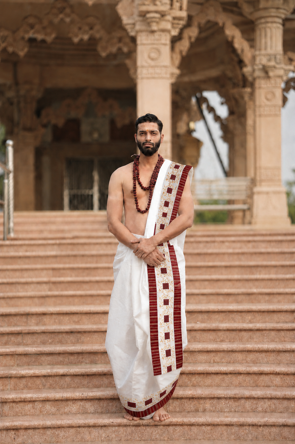 Man wearing a ethnic brown border white cotton dhoti with uparana