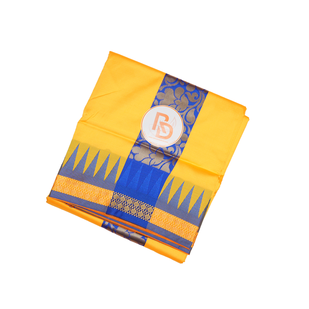 eye catching blue temple border yellow silk dhoti set