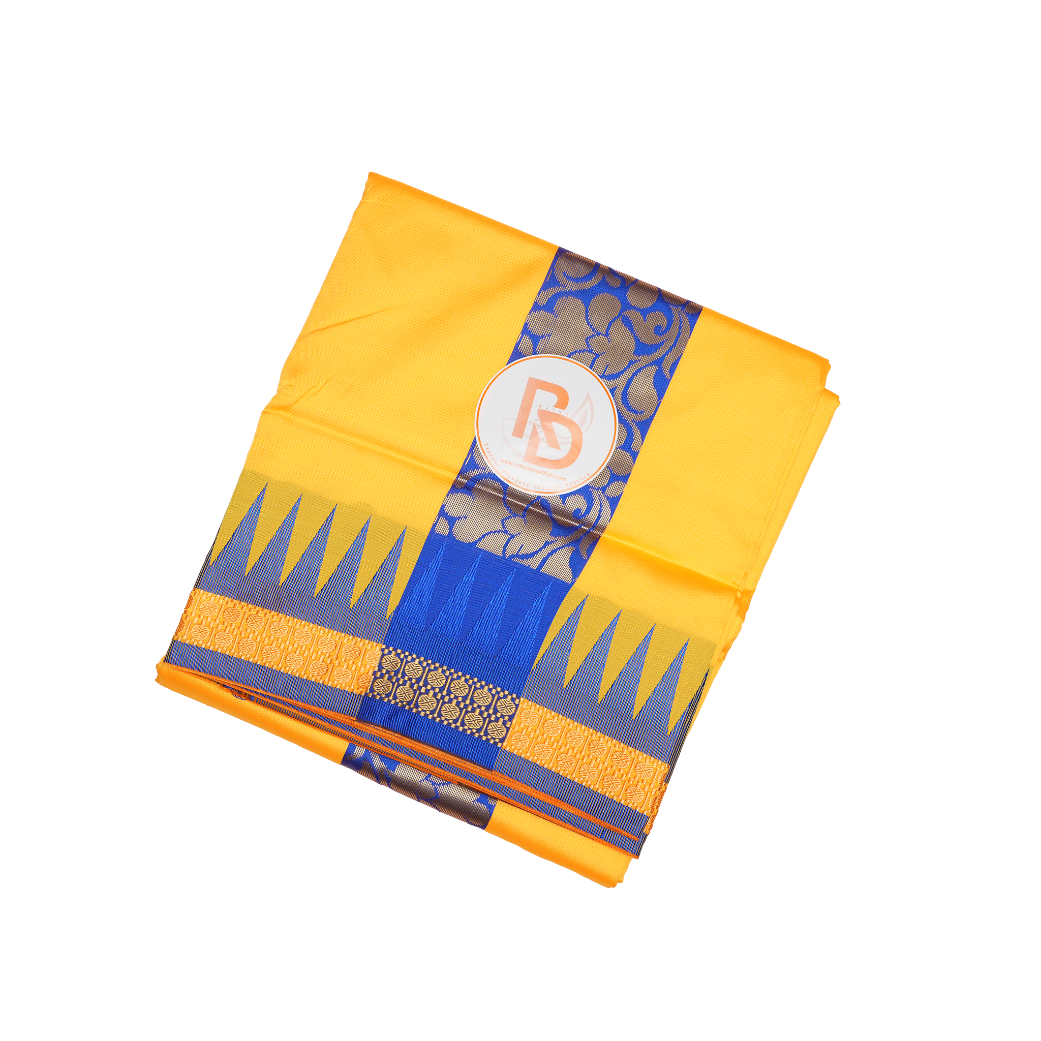 eye catching blue temple border yellow silk dhoti set