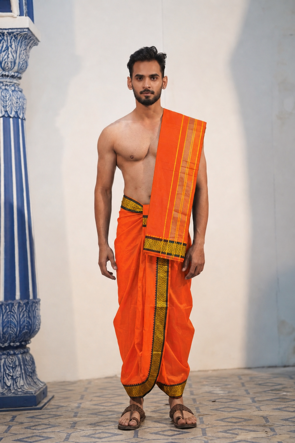 Man wearing a eye catching orange cotton dhoti with matching uparana