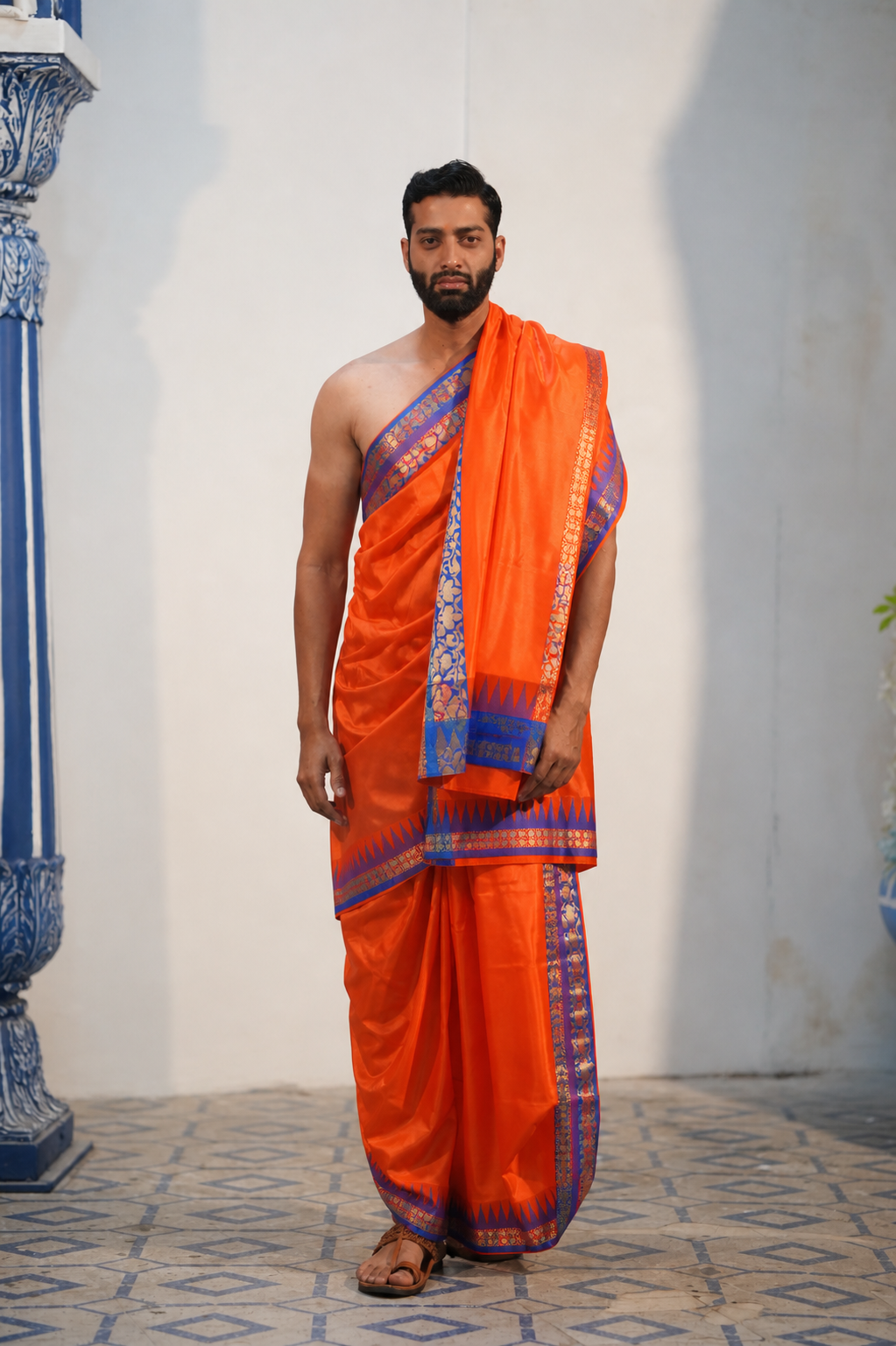 Man wearing a festive orange silk dhoti with matching uparana