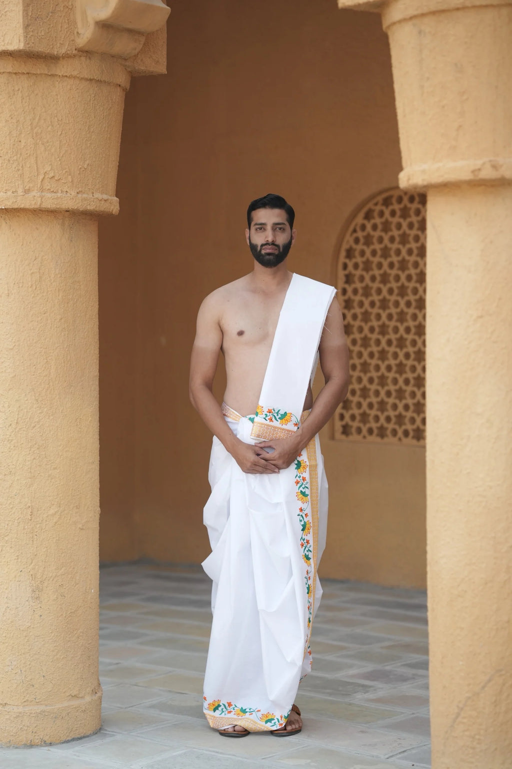 floral border white cotton dhoti with uparana