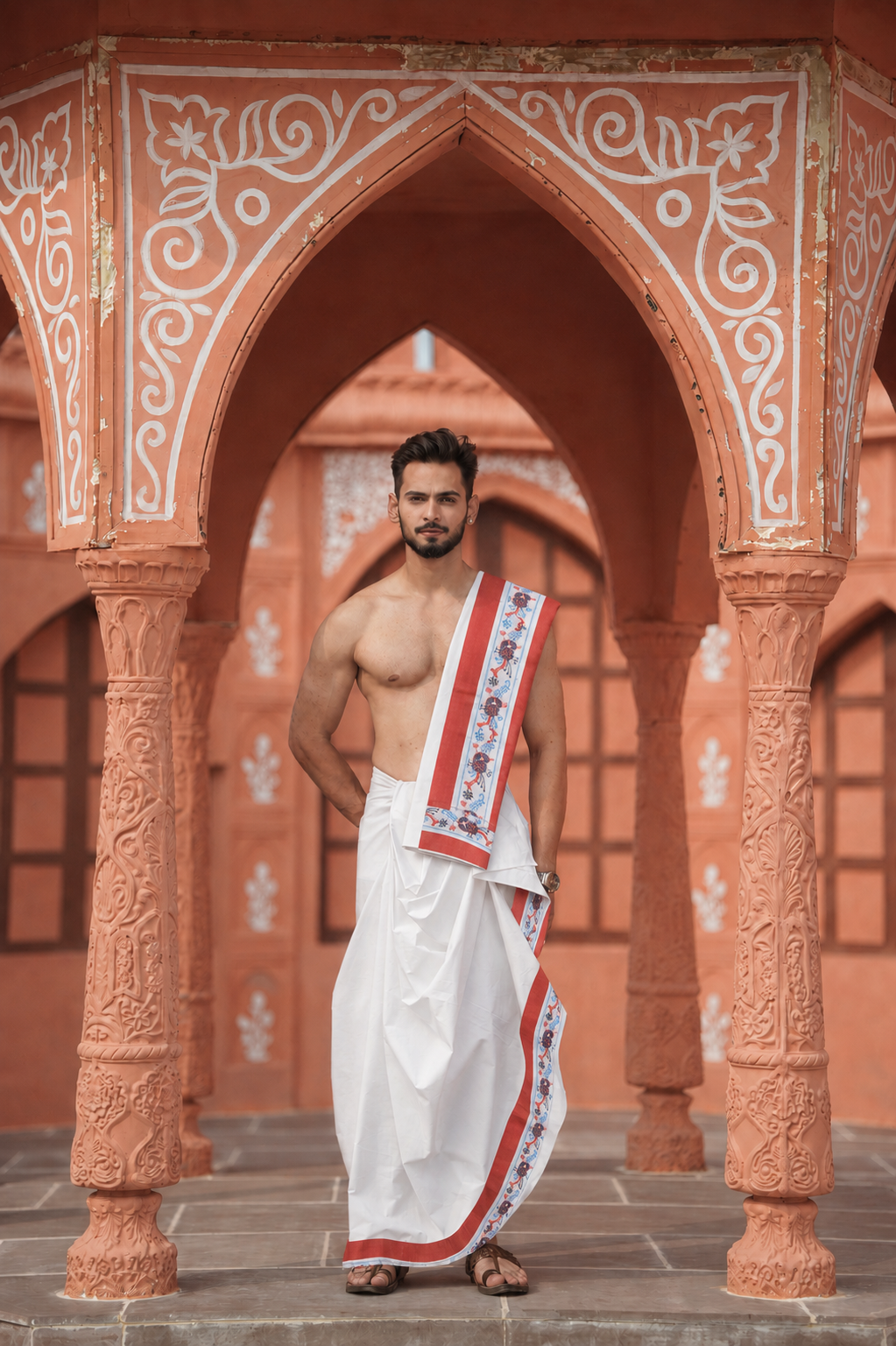 Man wearing a floral border white handwork cotton dhoti with khes