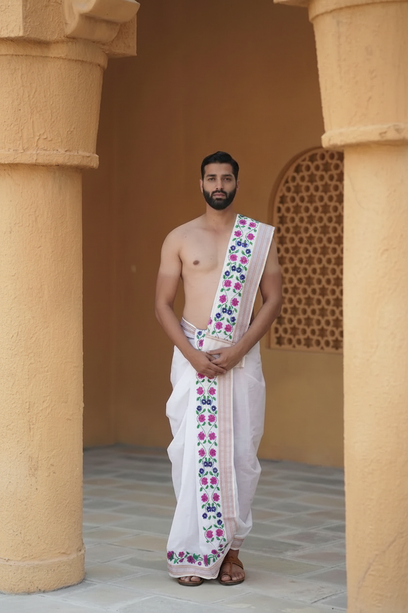 Man wearing a floral design border white cotton dhoti