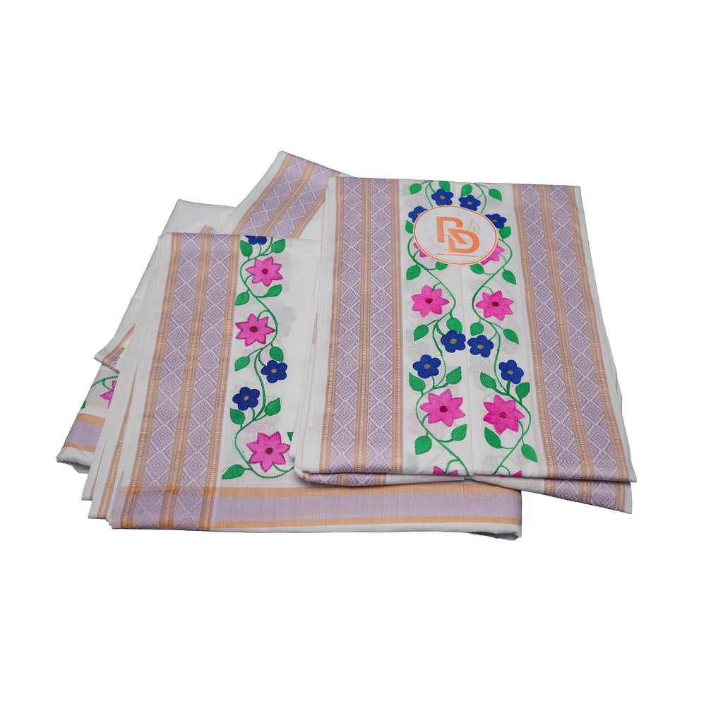 Floral design handprint cotton dhoti set with lavender jacquard border
