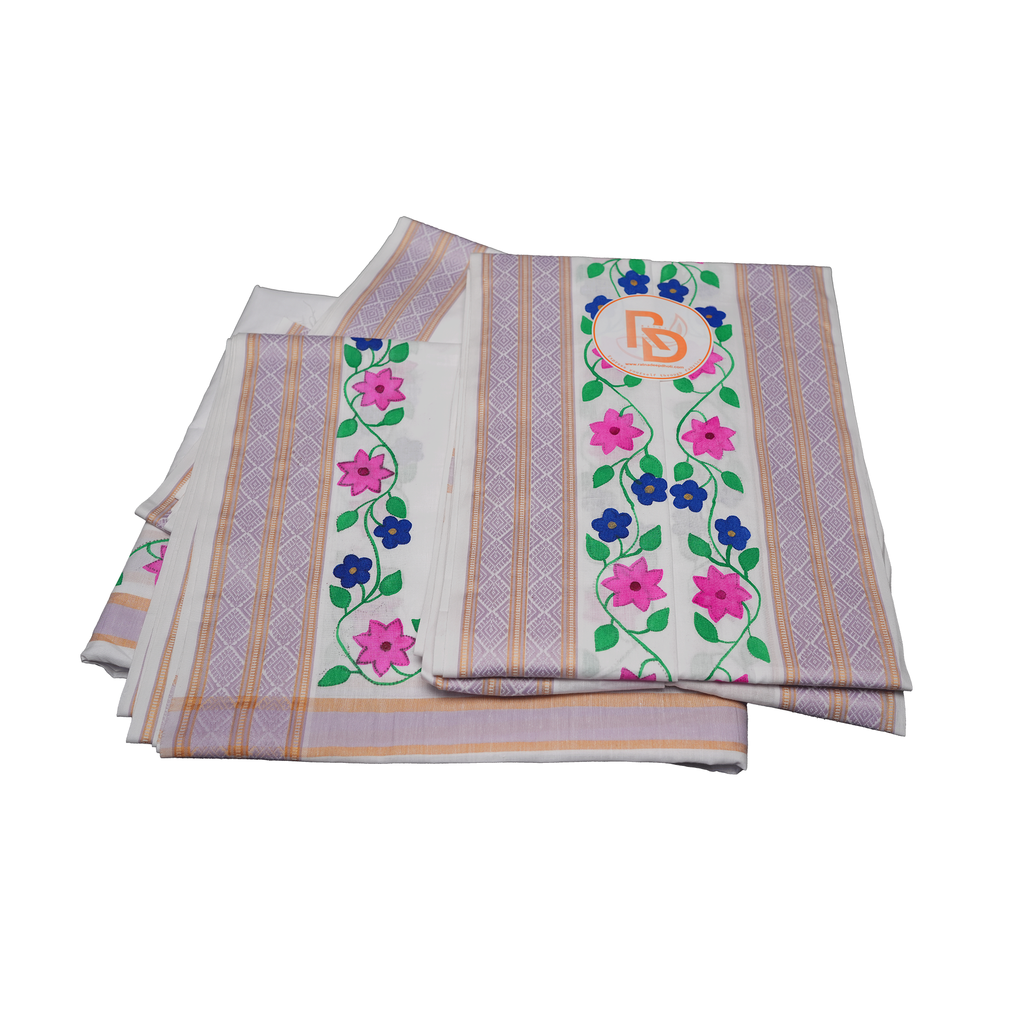 Floral design handprint cotton dhoti set with lavender jacquard border