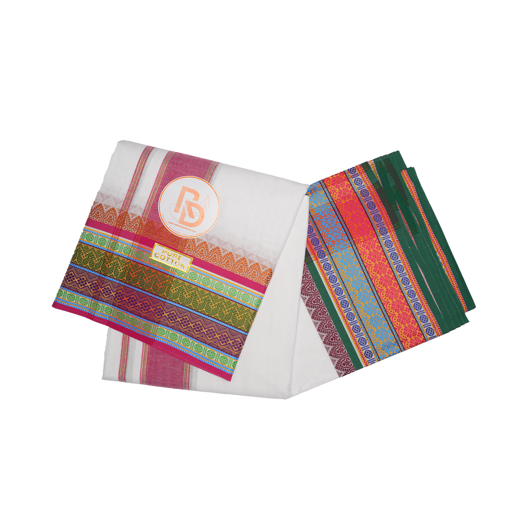 multicolour floral design white cotton dhoti