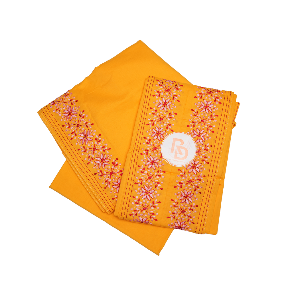 floral embroidery border mustard yellow cotton dhoti set