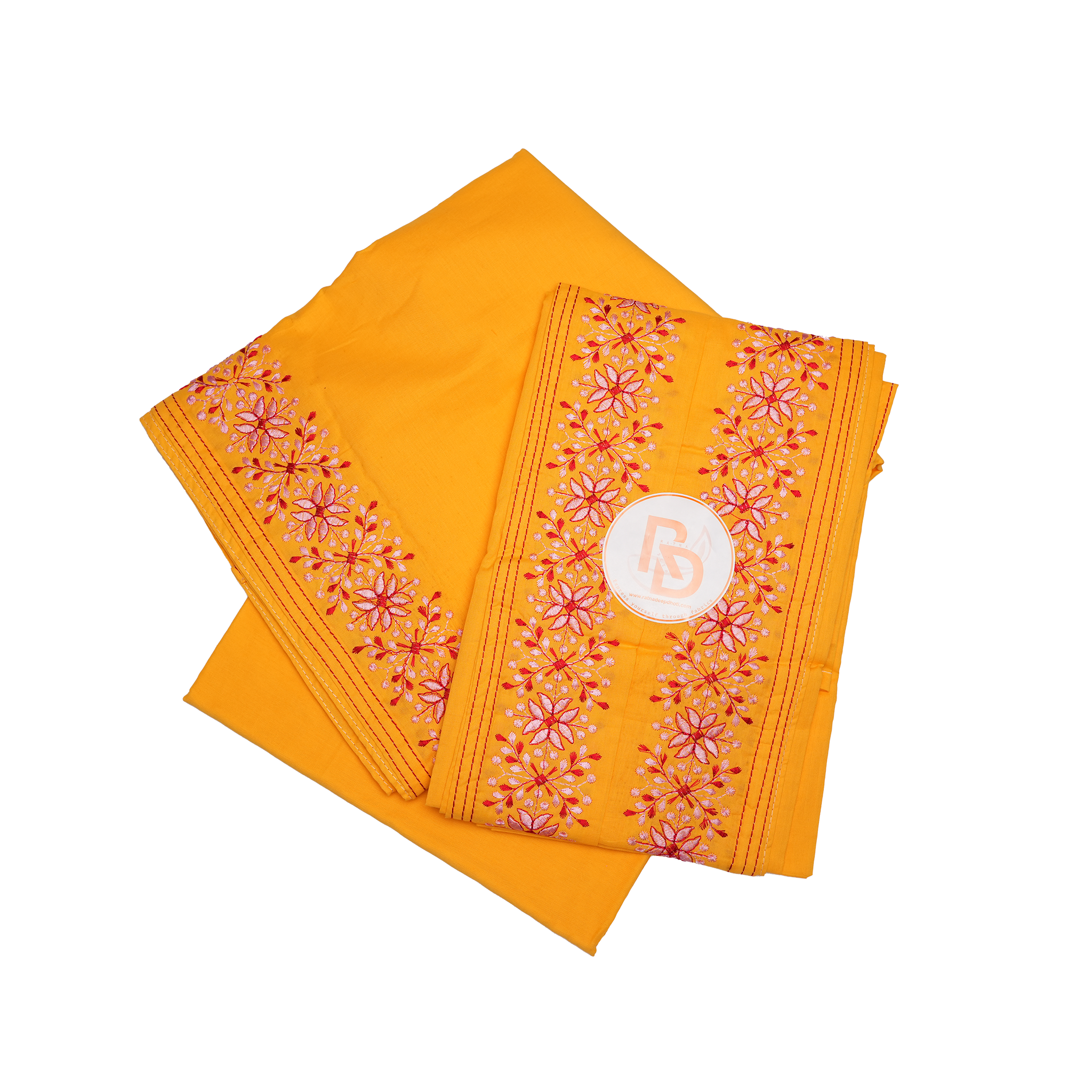floral embroidery border mustard yellow cotton dhoti set