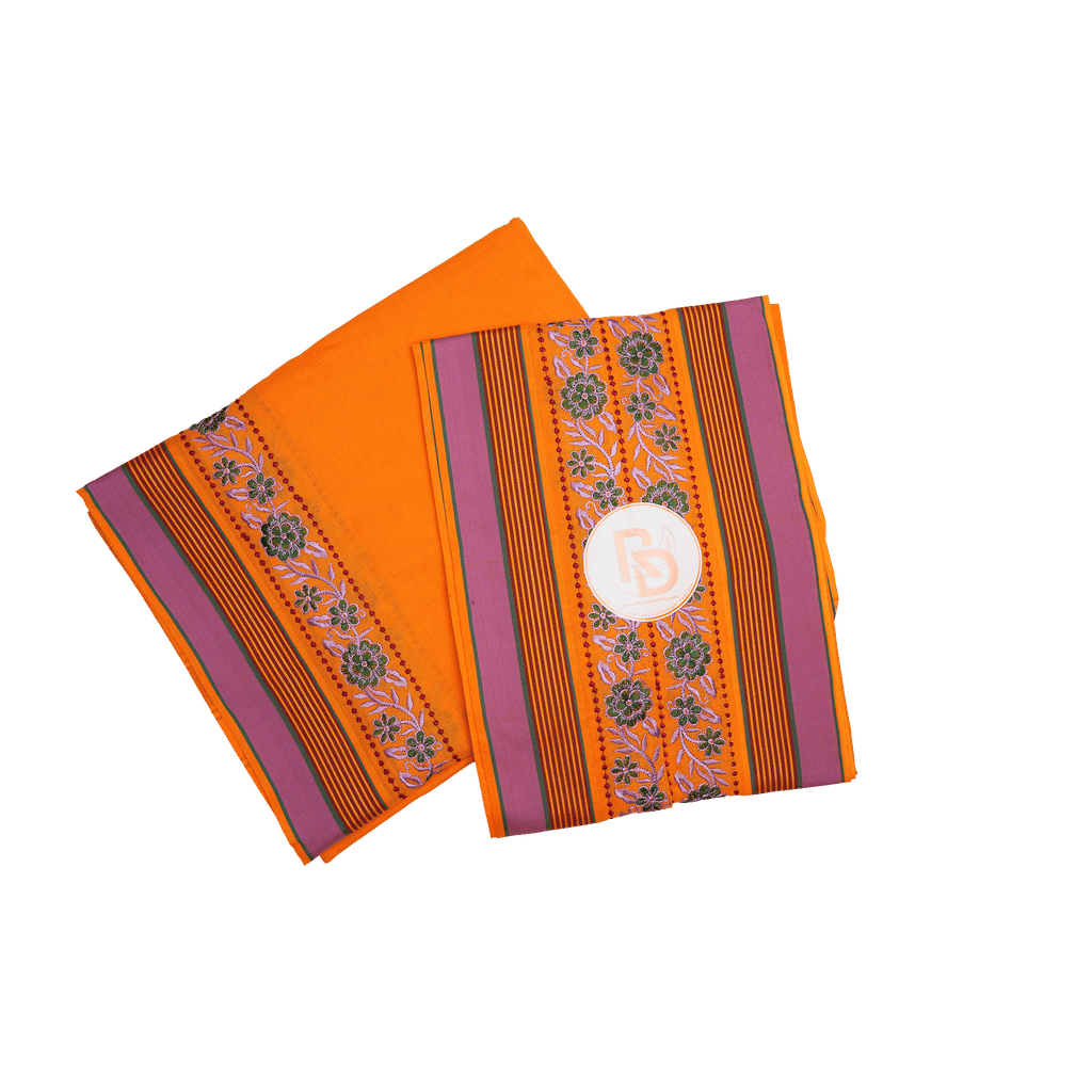 floral embroidery border orange dhoti set