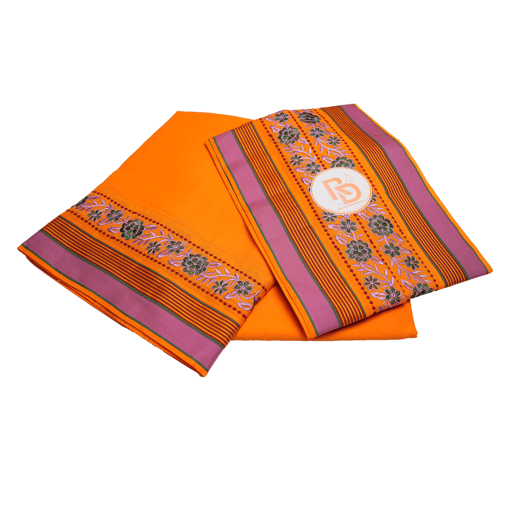 floral embroidery border orange dhoti set