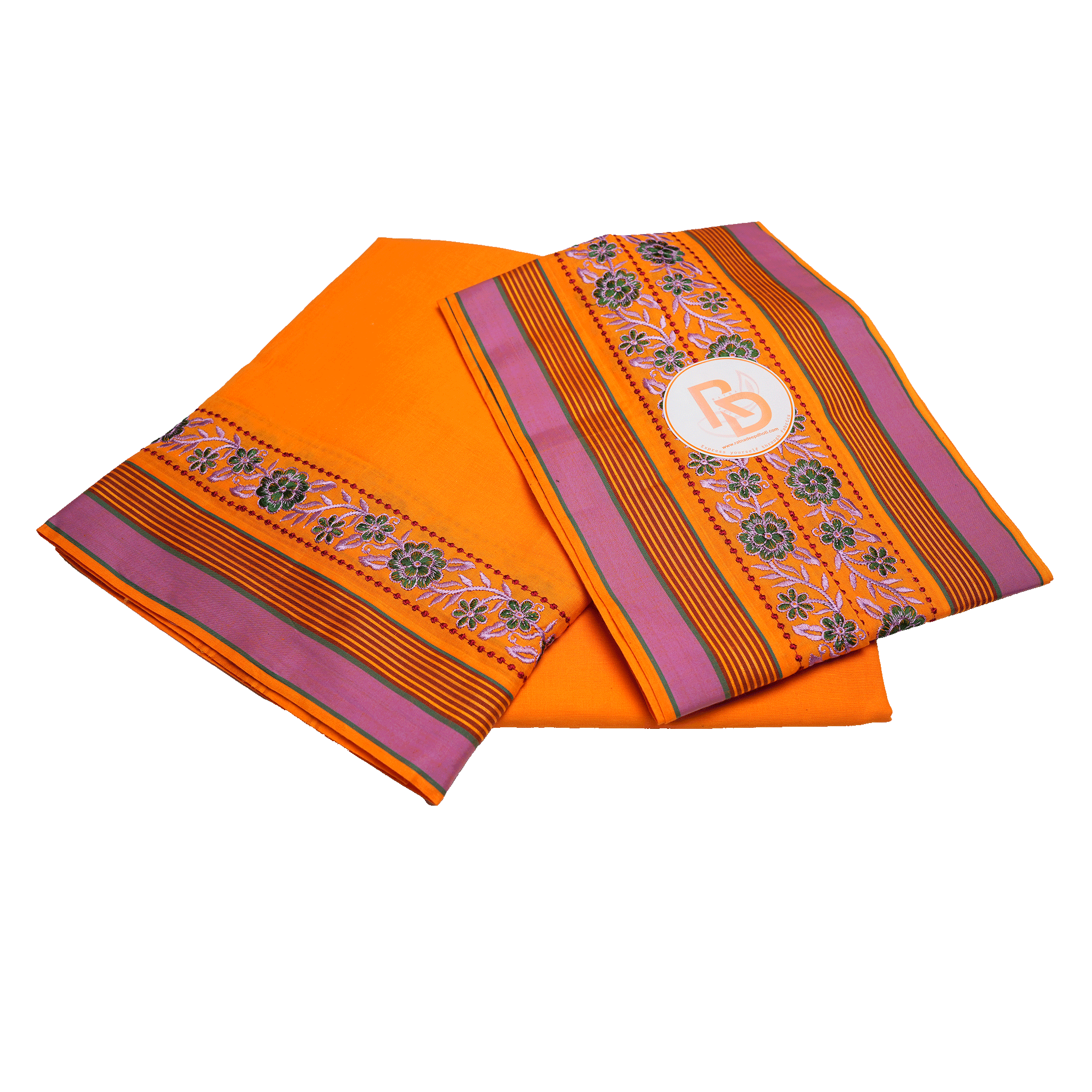 floral embroidery border orange dhoti set