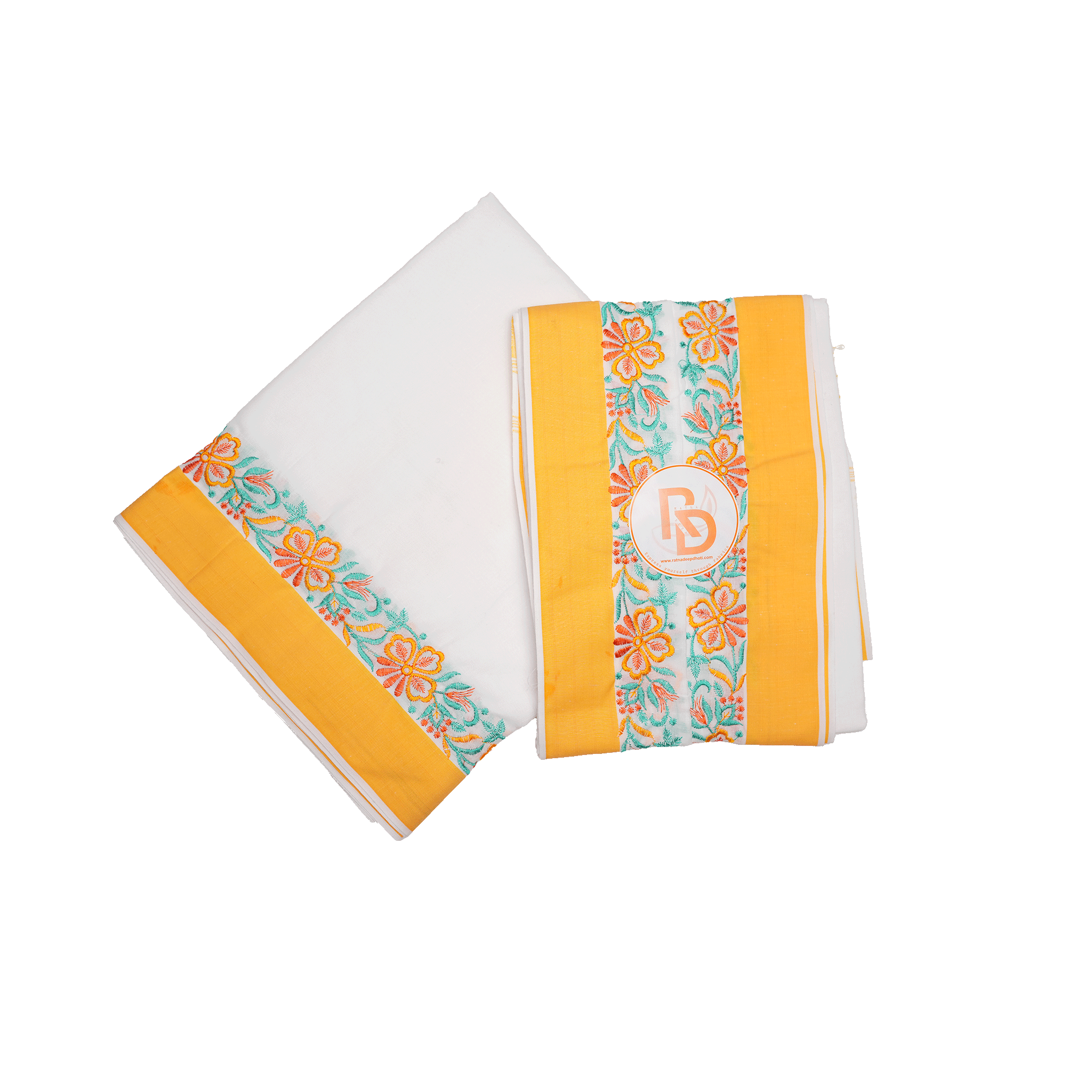 floral embroidery border white cotton dhoti set