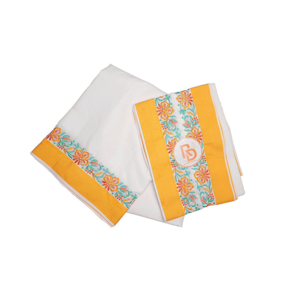 floral embroidery border white cotton dhoti set