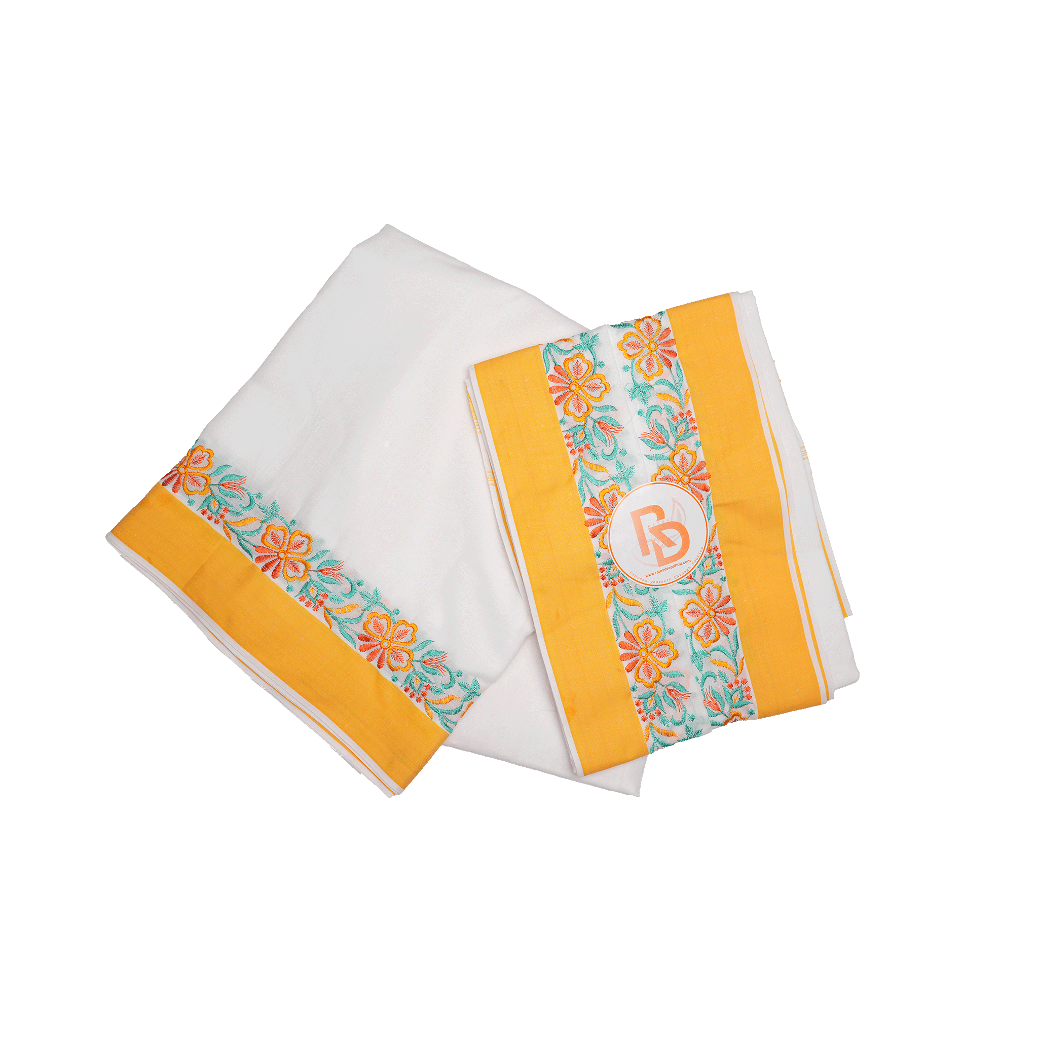 floral embroidery border white cotton dhoti set
