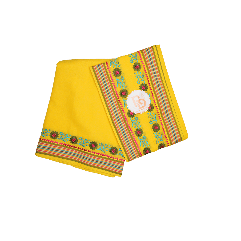 floral embroidery border yellow cotton dhoti set