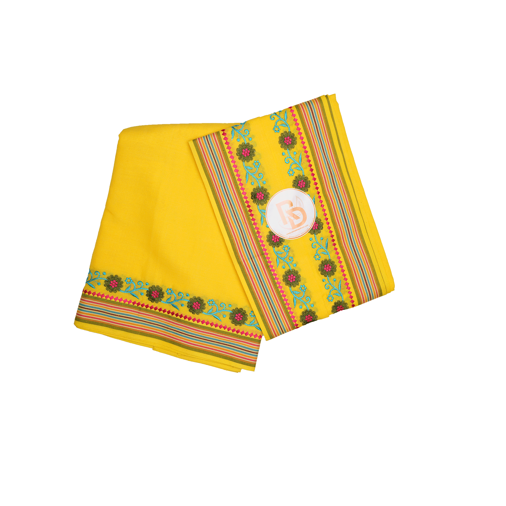 floral embroidery border yellow cotton dhoti set
