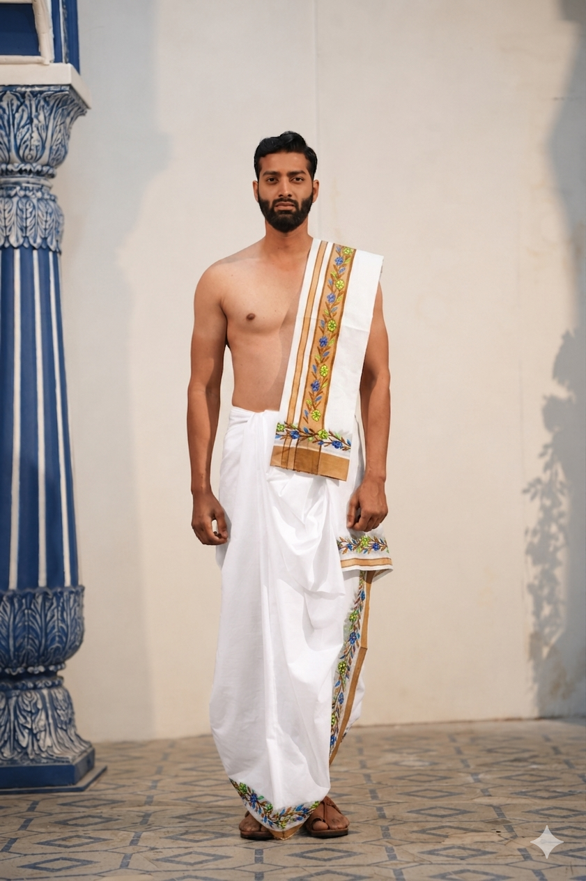 Man wearing a floral embroidery designer cotton dhoti with khes