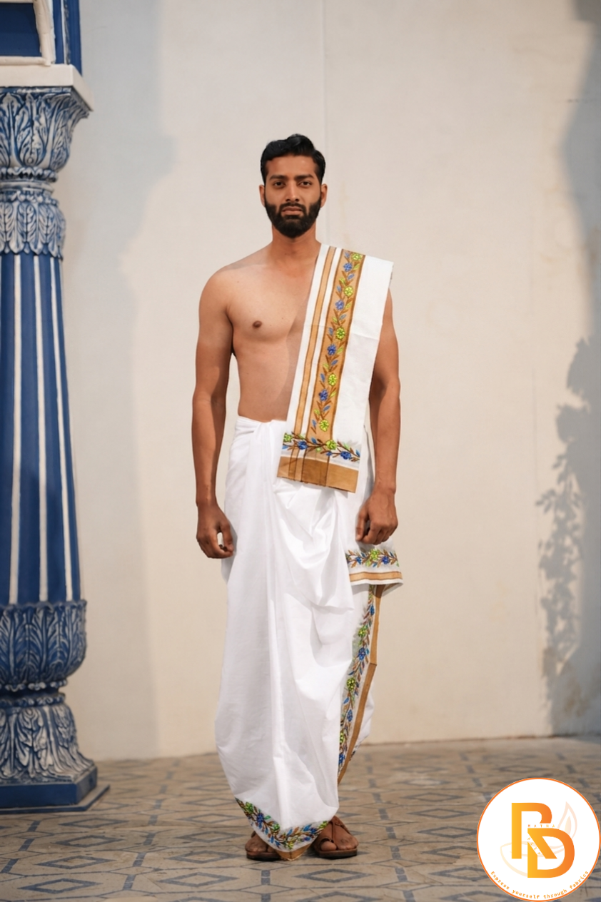Man wearing a floral embroidery designer cotton dhoti with khes