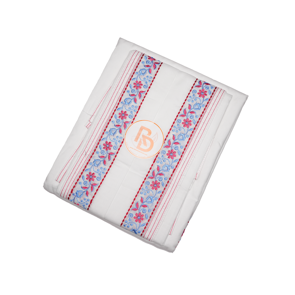 floral embroidery white cotton dhoti set