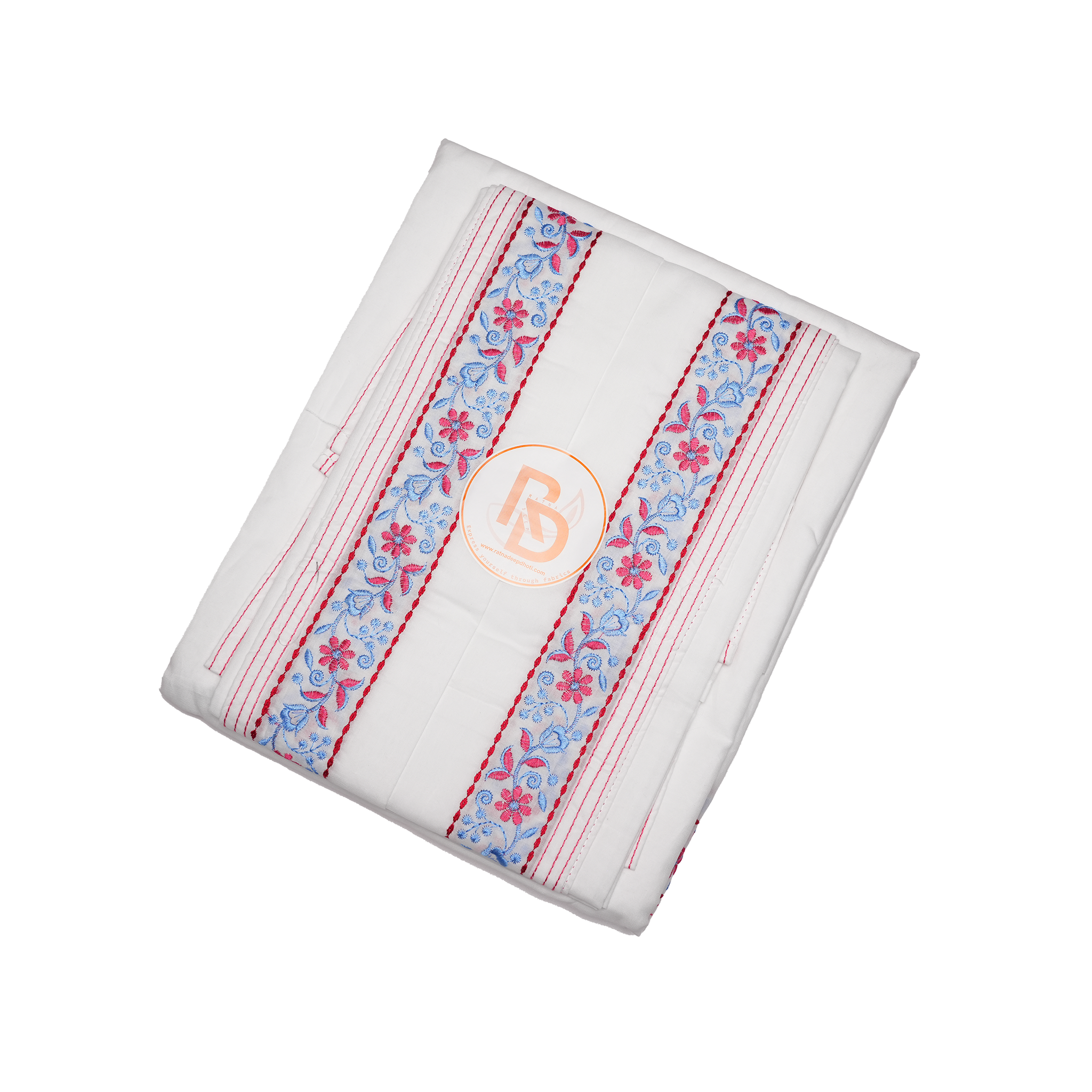 floral embroidery white cotton dhoti set