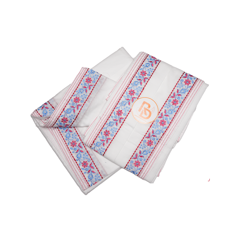 floral embroidery white cotton dhoti set