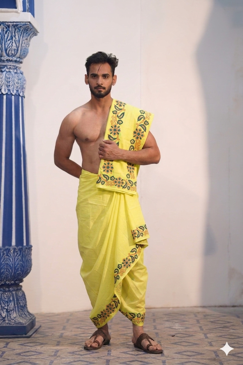 Man wearing floral printed yellow cotton dhoti with gamcha
