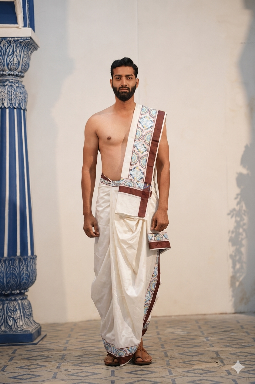 Man wearing a flute design border white cotton dhoti with khes
