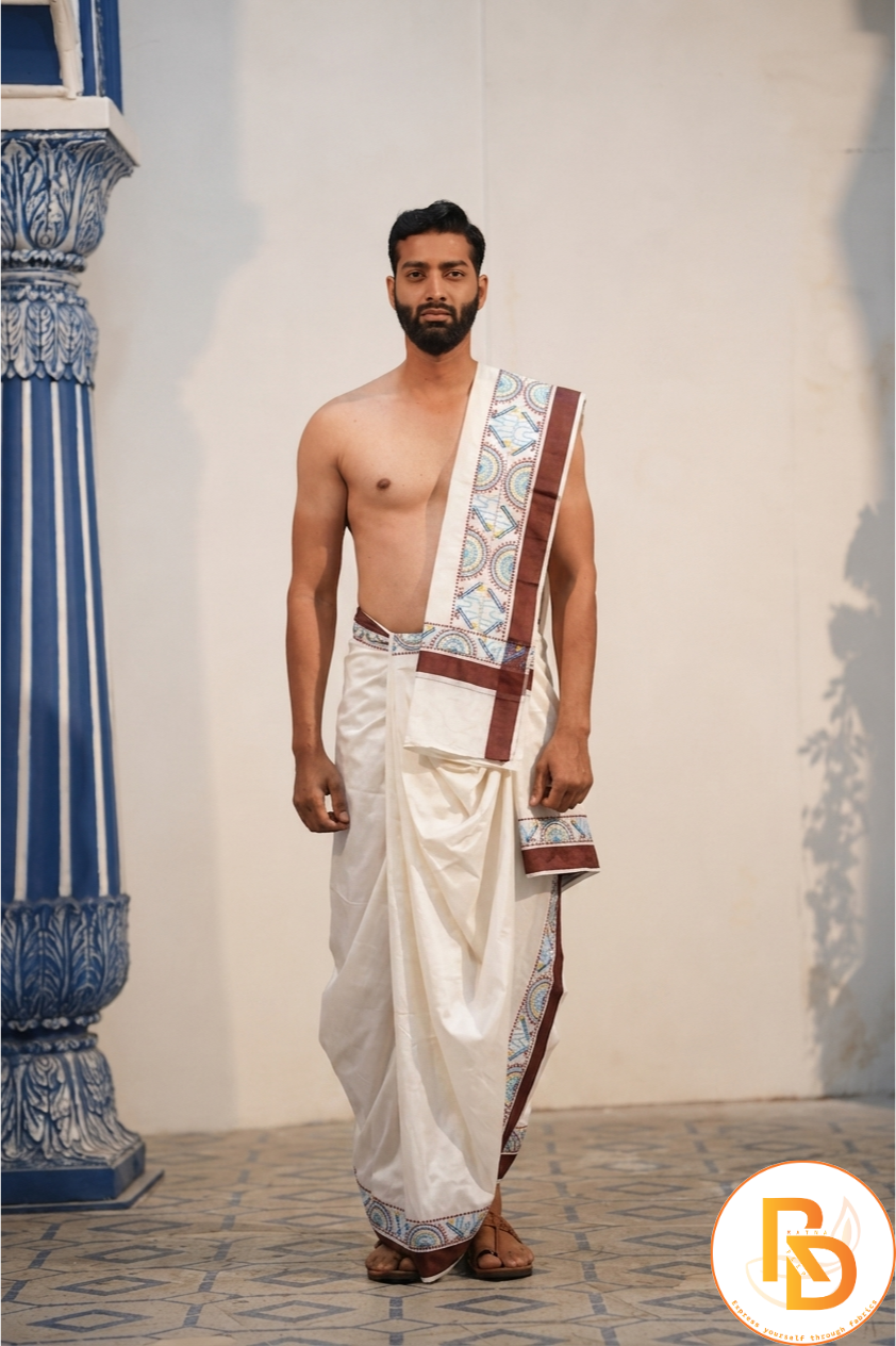 Man wearing a flute design border white cotton dhoti with khes