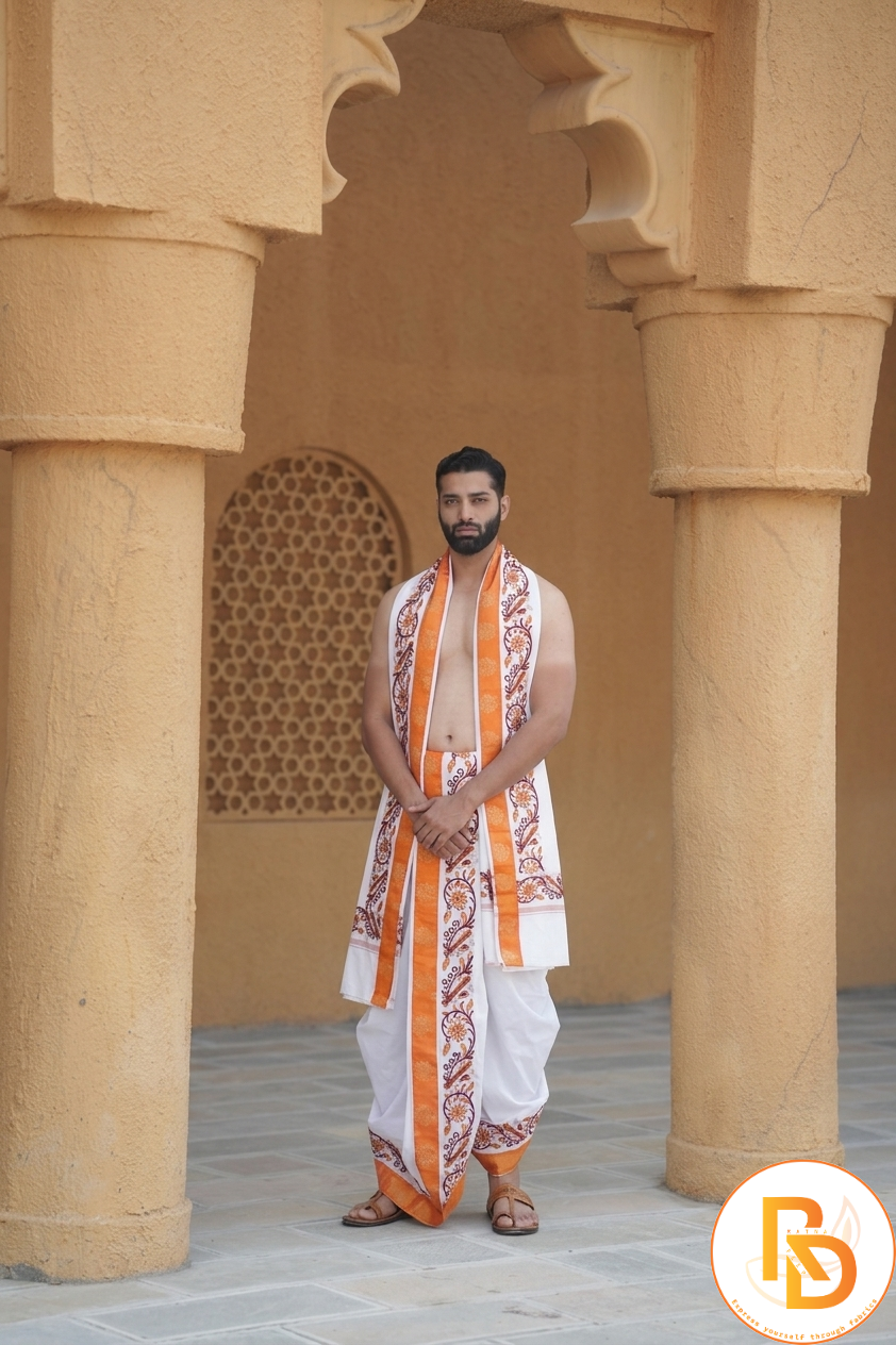 Man wearing a flute design orange border white dhoti with uparana