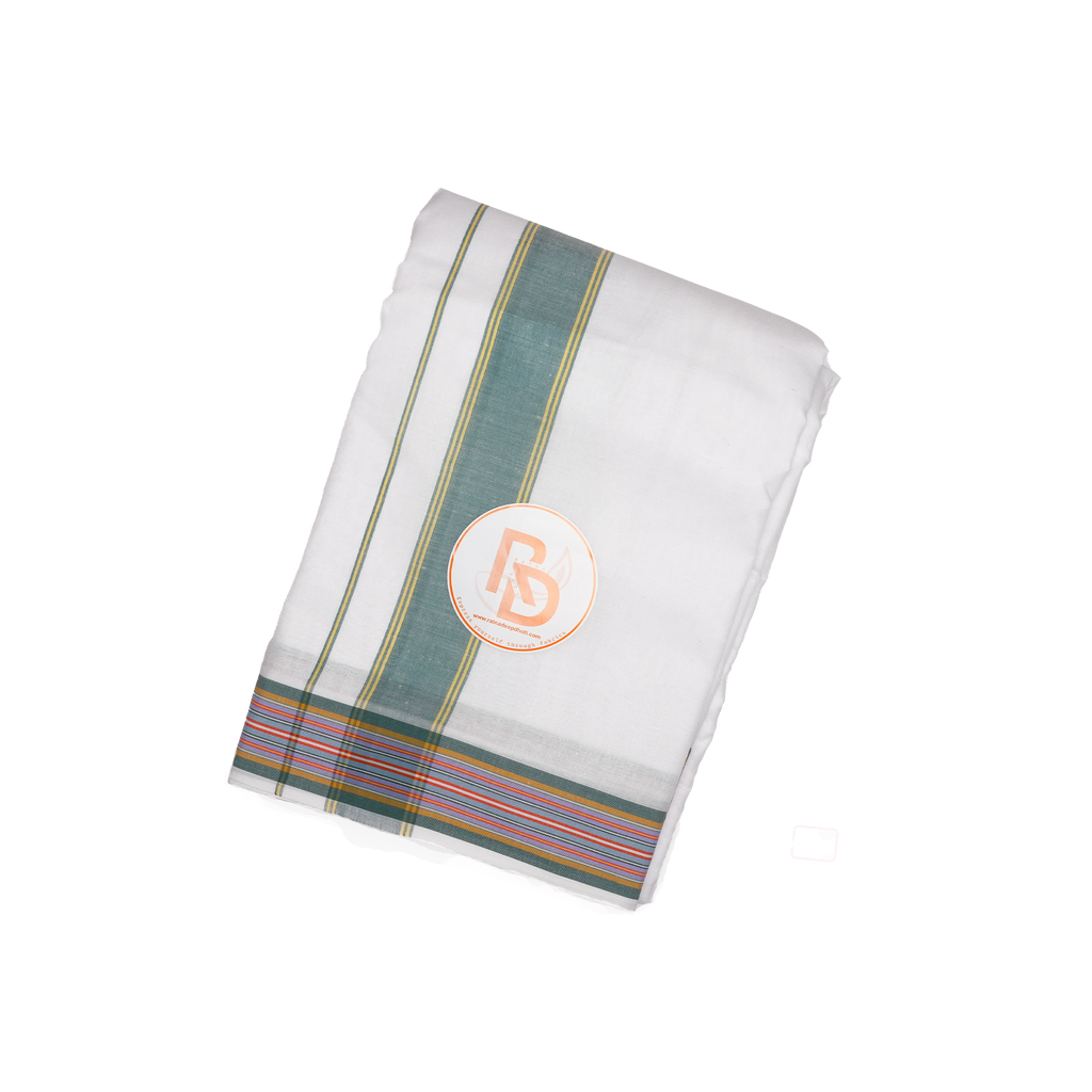 forest green stripe & multicolour border white cotton dhoti set
