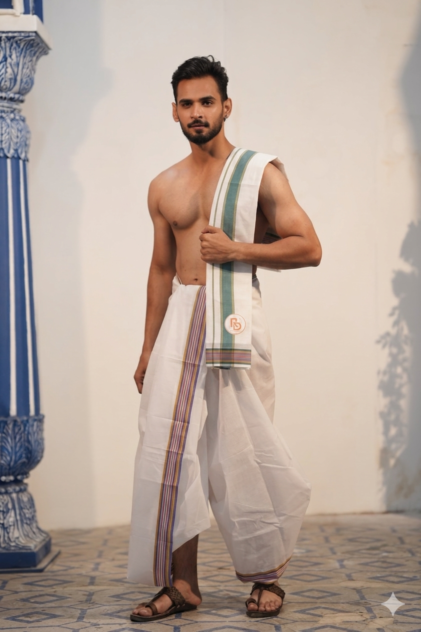 Man wearing a forest green stripe & multicolour border white cotton dhoti with uparana