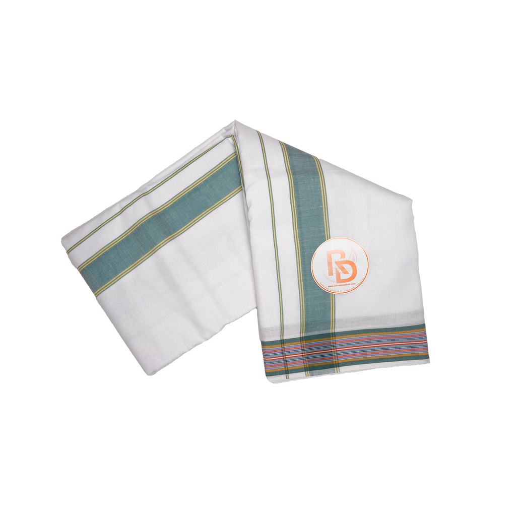 forest green stripe & multicolour border white cotton dhoti set