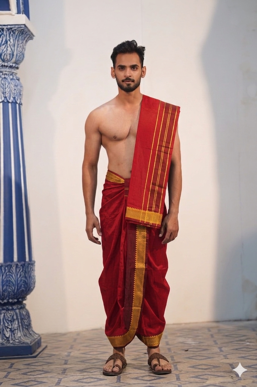Man wearing a gold border dark red cotton dhoti with khes