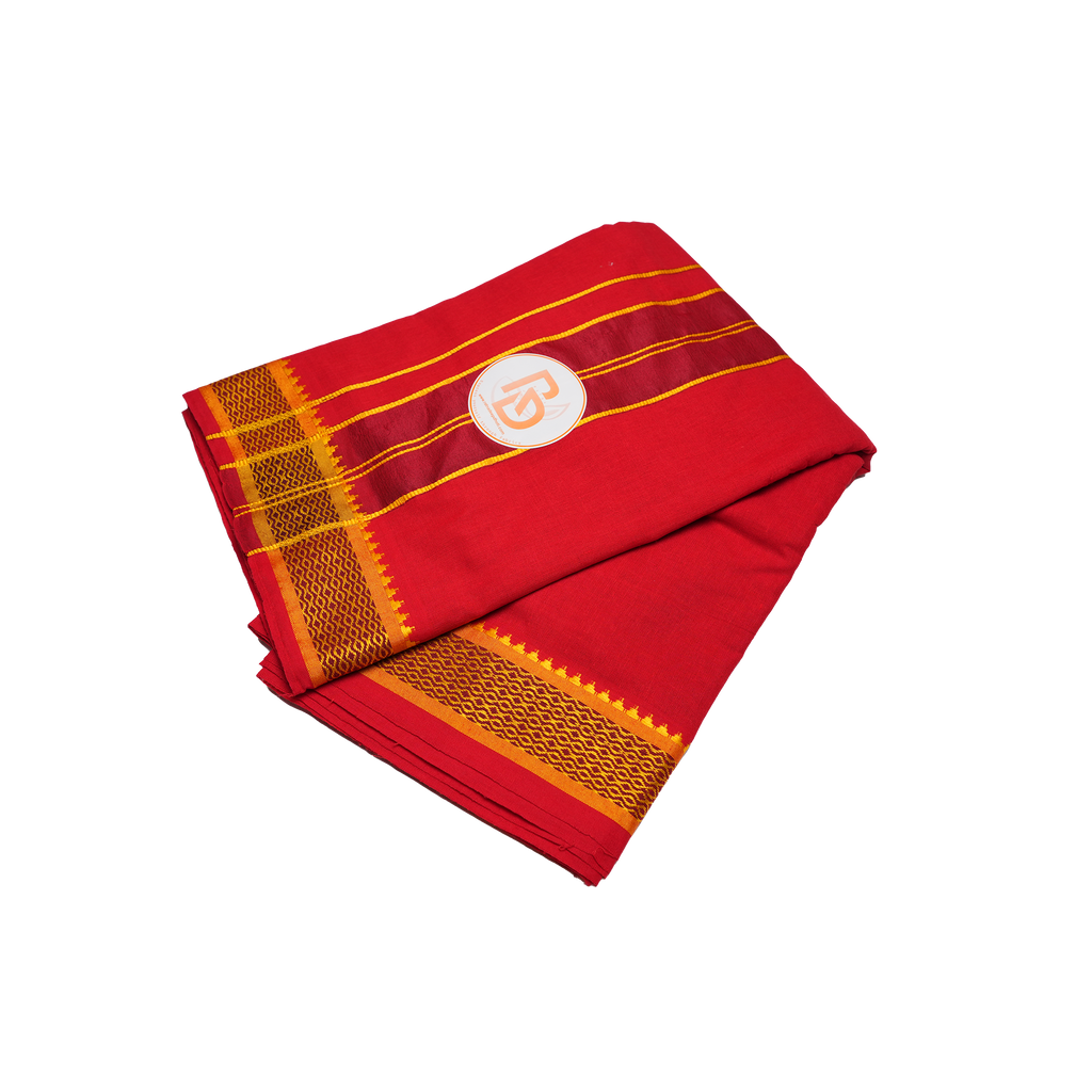 gold border dark red cotton dhoti set
