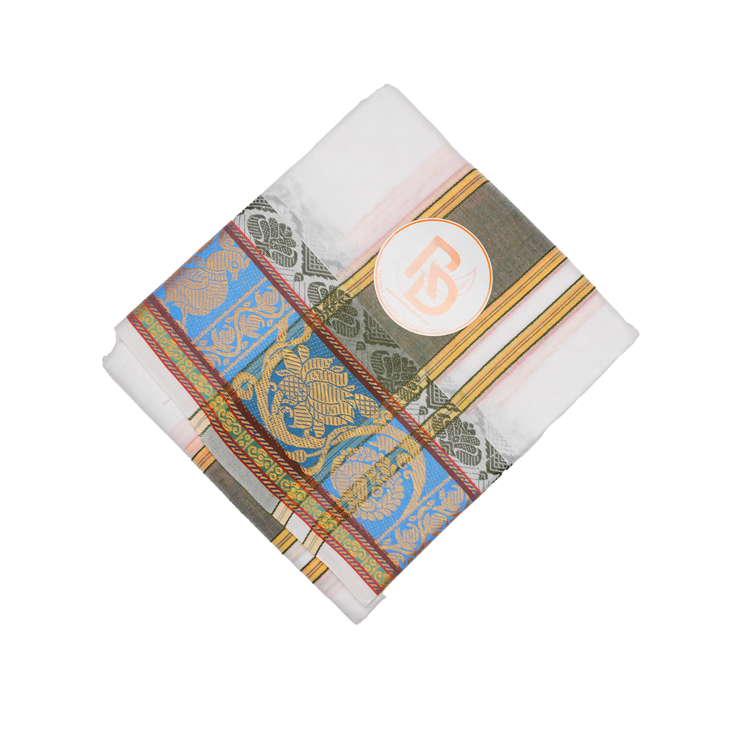 Gold lotus & peacock bordered pure cotton white dhoti set