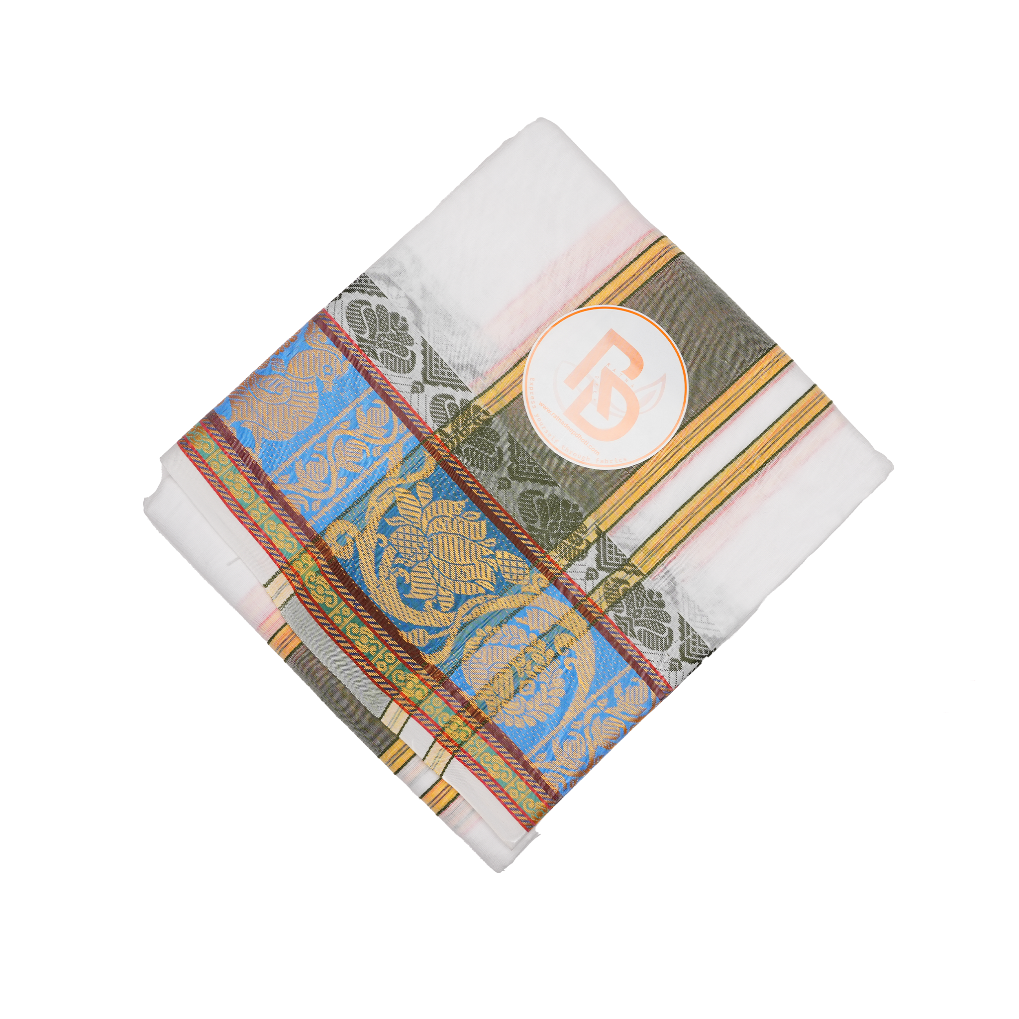 Gold lotus & peacock bordered pure cotton white dhoti set