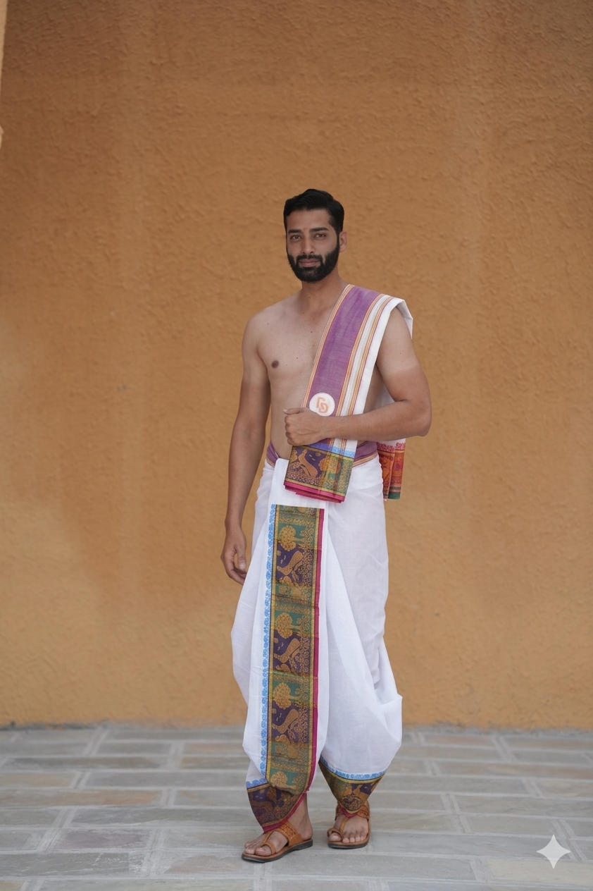 Man wearing a gold peacock zari border white cotton dhoti with angavastram