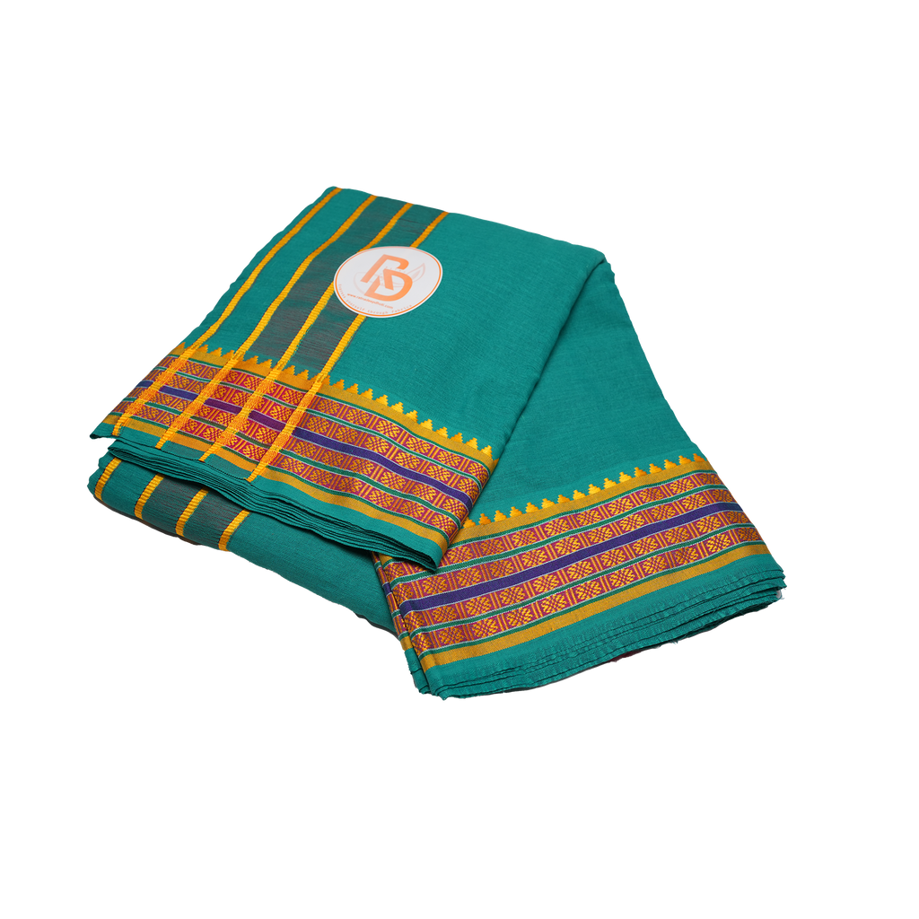 gold temple woven border teal green cotton dhoti set